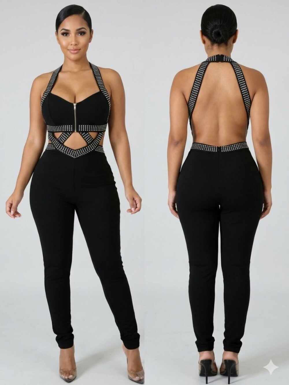 Black Halter Jumpsuit Rhinestone Embellished Studded Diamond Cutout Catsuit M